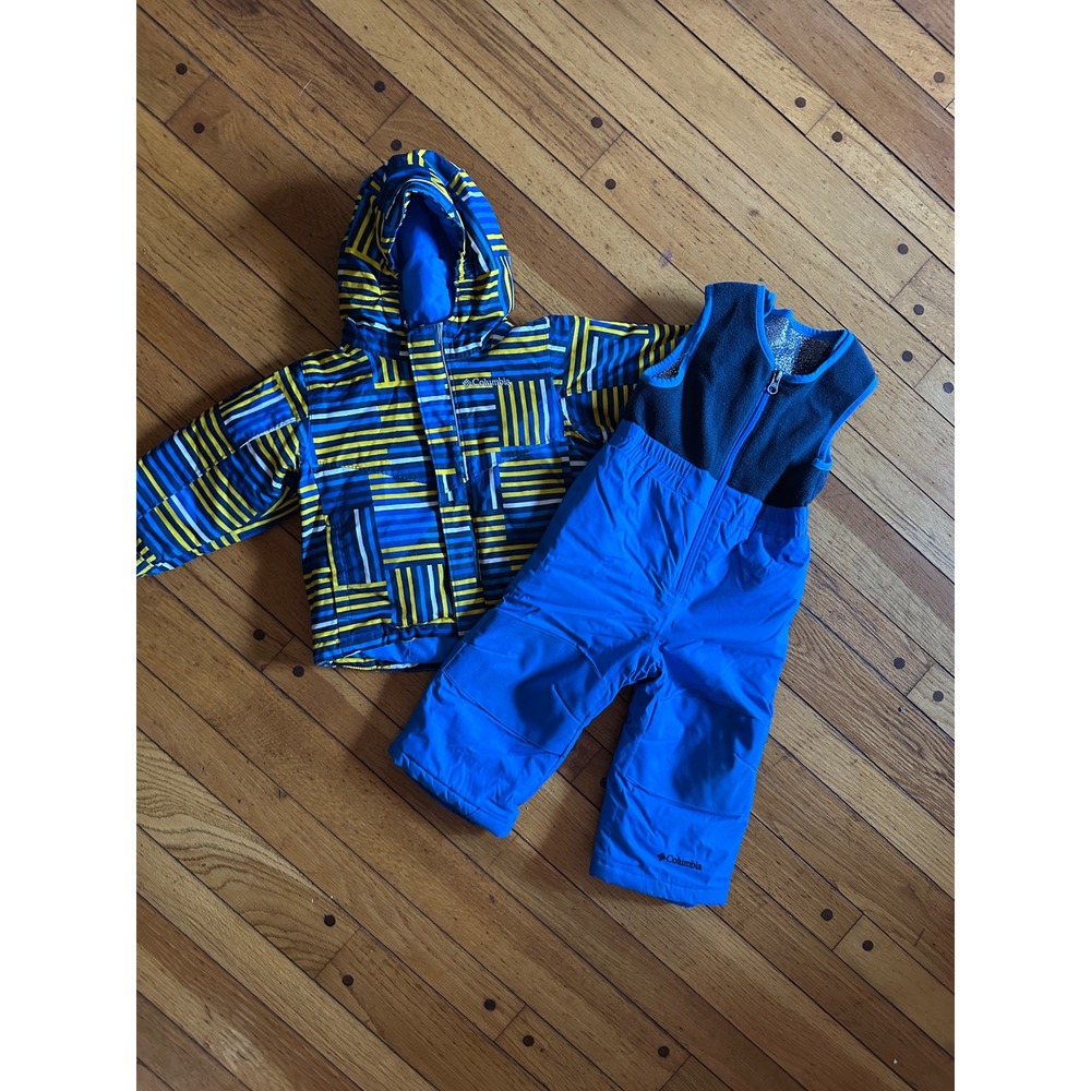 Columbia Toddler Snowsuit 18-24M Winter Jacket & Bibs Blue Stripe Omni-Heat Set